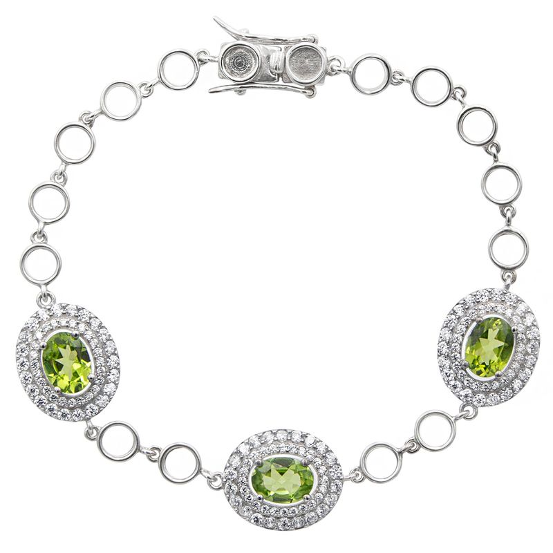 Sterling Silver Plated Genuine Green Peridot And Shimmering Rhinestone Bracelet
